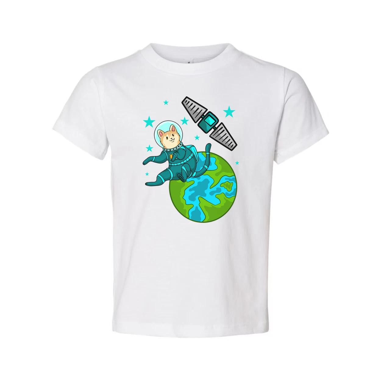 

Space Animals Cat Astronaut Floating Over Earth Graphic On Unisex T Shirt For Sp 2XL