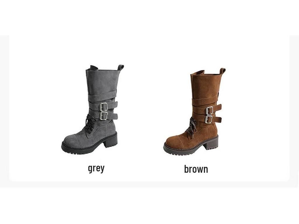Autumn 2025 Genuine Leather Retro Mid-Calf Buckle Boots - Western Chunky Heel Motorcycle Style