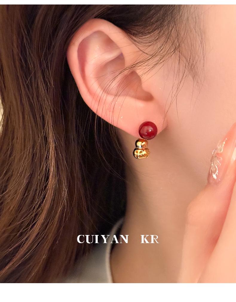 Cui Yan S925 Sterling Silver Chinese Style Red Cinnabar Gourd Stud Earrings for Women - New Year Edition