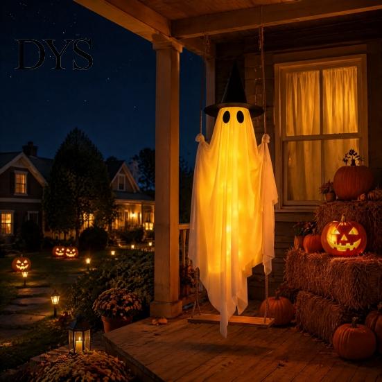 Glowing Halloween Atmosphere Prop Hanging Swing Ghost Decoration with Witch Hat, Spooky Outdoor Decor Flexible Fabric for Display String Light