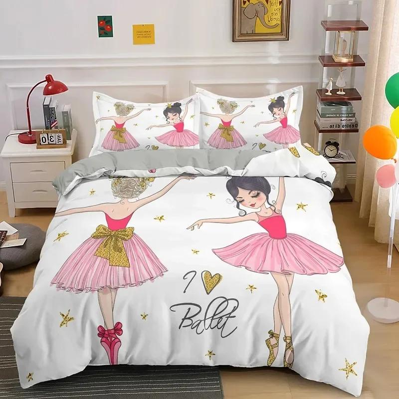 Ballet Dancer Girl Cartoon Dancing Comfortable Duvet Quilt Cover Pillowcase Bedding Set Children Bedroom Decoration Home Textile