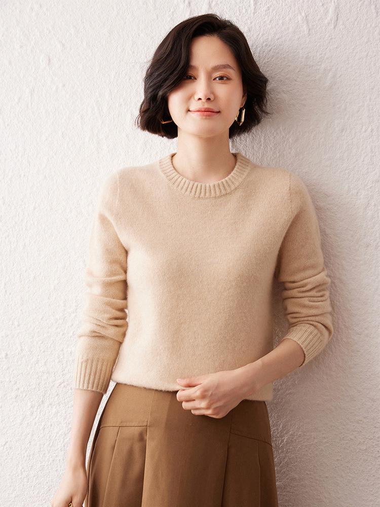 Women's 7-Gauge Double-Ply Cashmere Sweater - Autumn/Winter 2026 Collection, Versatile Solid Color Round Neck Sweater