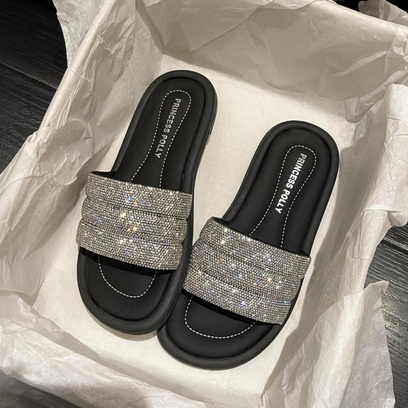 Slippers women summer wear new fashion rhinestone flat bottom one word drag go out beach cool slippers 40 чёрный