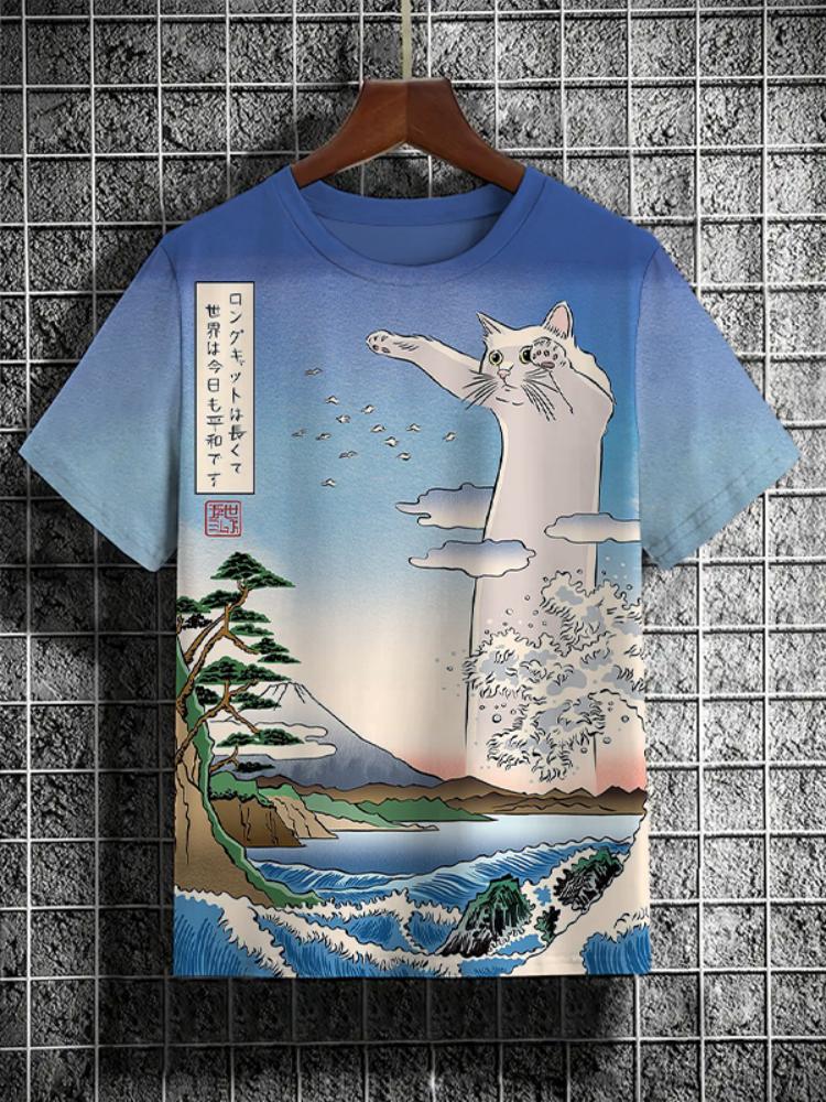 Japanese Ukiyo-e Animal Men's T-shirt with Cute Cat Pattern Print