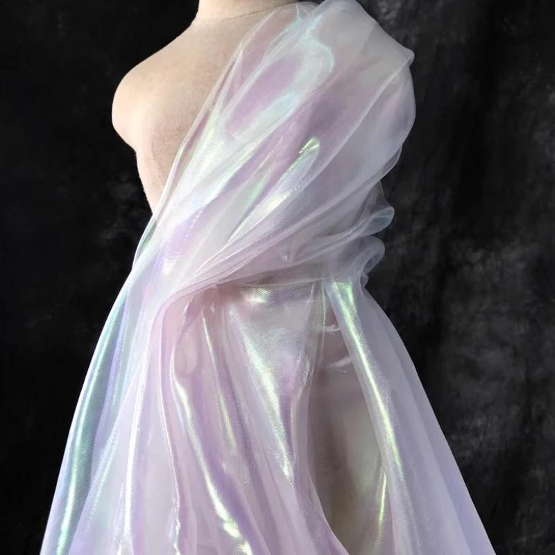 Wide 150cm Encrypted Laser Seven-color Iriered Gauze Fabric Bright Yarn Gradient Color Fabric DIY Organza Clothing Designer