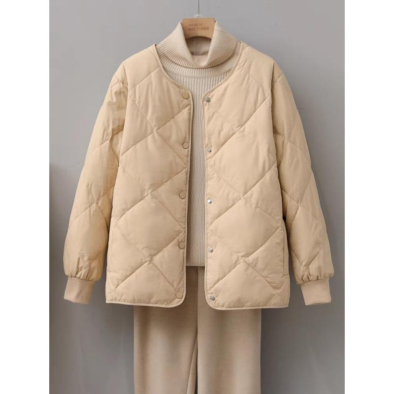 Rhombus Collarless Down Jacket Women's Light and Short New Small Loose Round Neck White Duck Down Liner Jacket