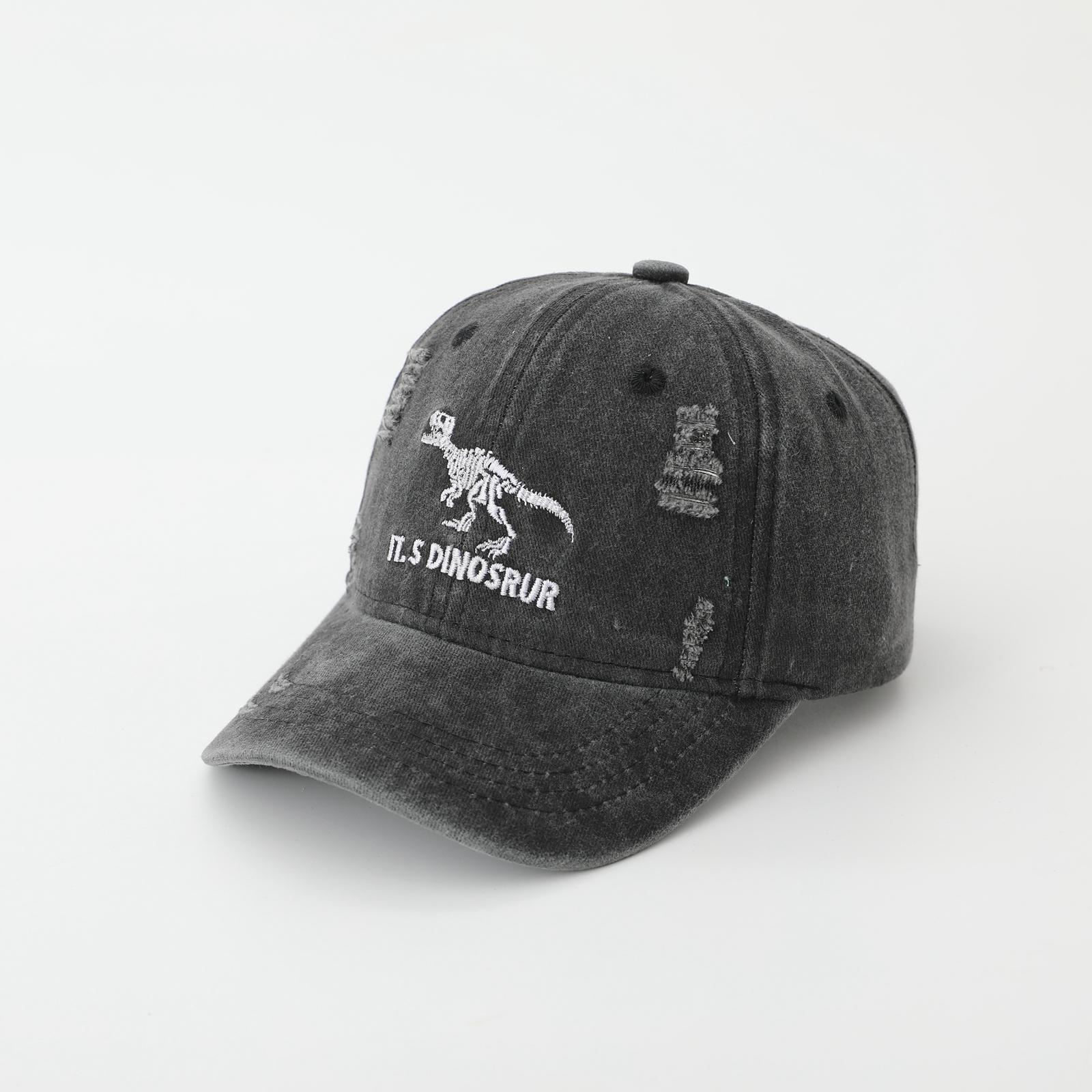 Fashionable Trendy Distressed Letter Baseball Cap with Embroidered Dinosaur Fabric Casual Sun-protective Beanie Hat One Size
