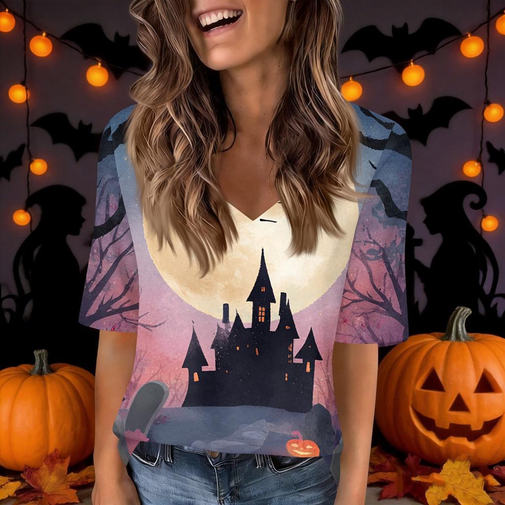 Women's Casual V Neck Top with Halloween Print, Short Sleeve, for Holiday Parties and Everyday Wear