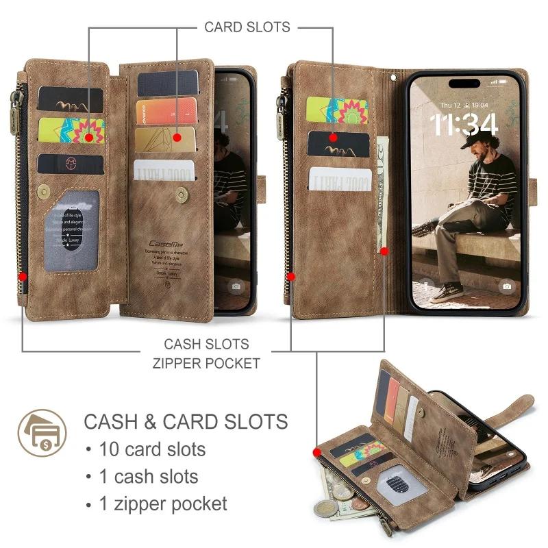 Leather Zipper Purse Phone Case for iPhone 17 Air 16E 16 15 14 12 13 11 Pro Max XS XR 8 7 Plus Flip Card Lanyard Wallet Cover