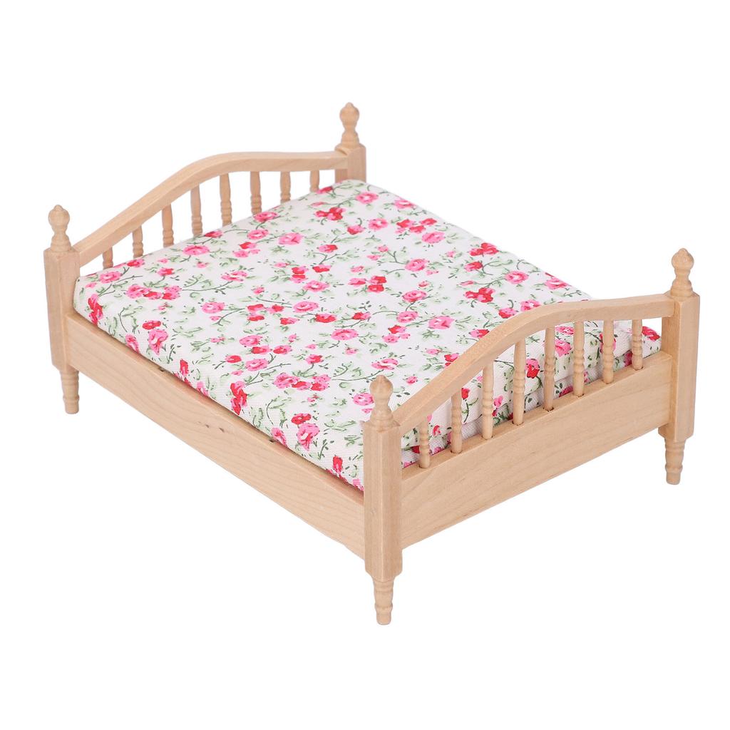 1/12 Miniatur Puppenhaus Bett Elegant Dekorativ Holz Floral Möbelzubehör Miniatur Bett