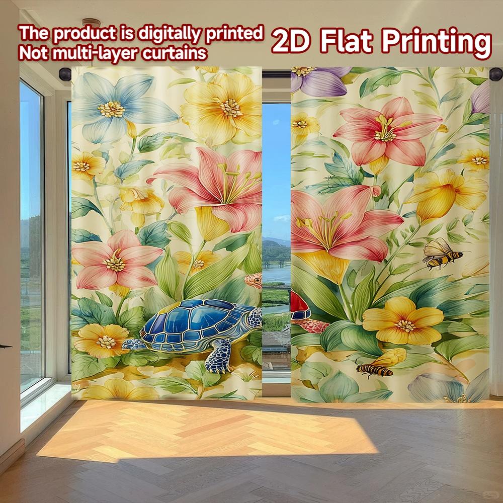 

Flat Printing Curtains Without Rod Floral Turtles Bees Design April Fools Is Day Festival Fashion Set Of 2 Made Polyester W100*H70(CM)-Hooks&1PCS