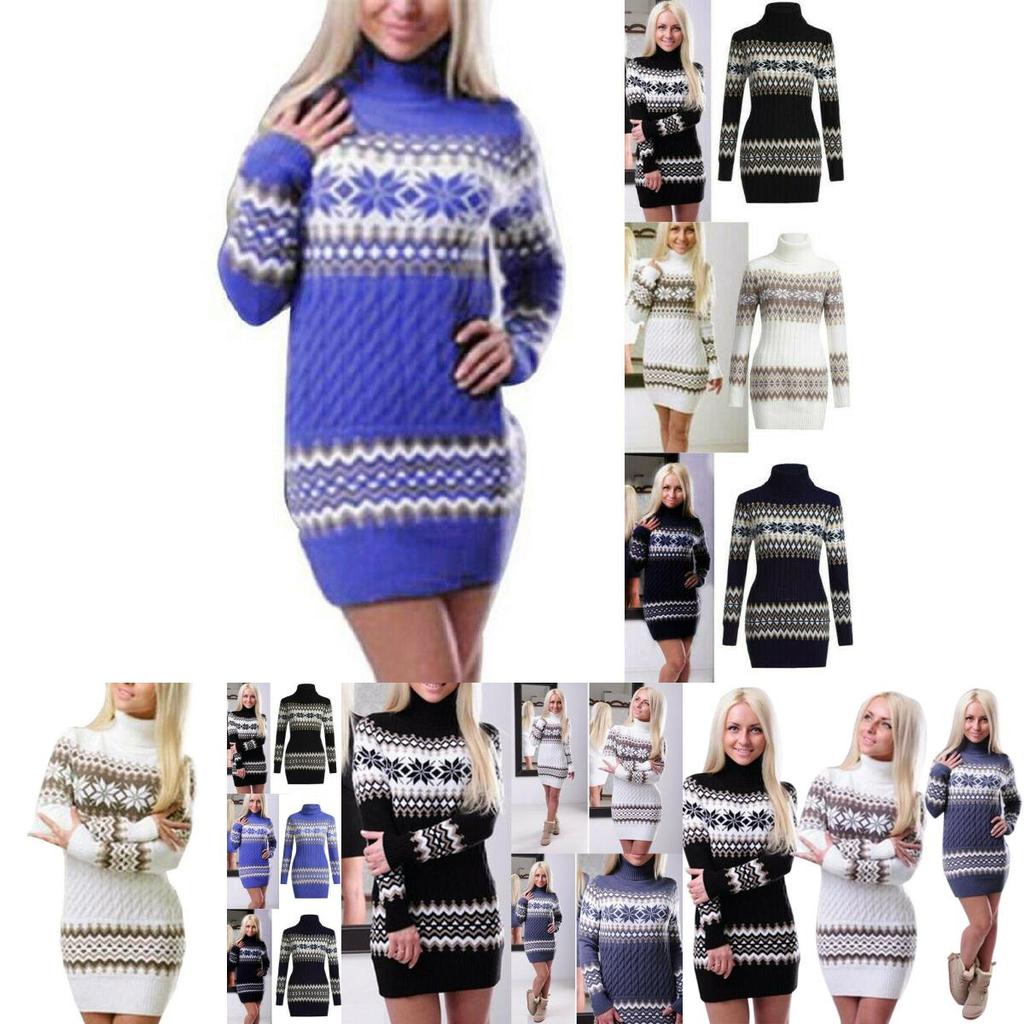 Elegant Christmas Woman Turtleneck Sweater Dress With Festive Snowflake Pattern