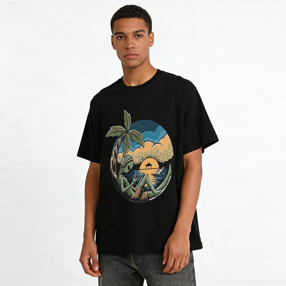 Alien Visitor Island Vacation Style Printed Short Sleeve Pure Cotton T-shirt