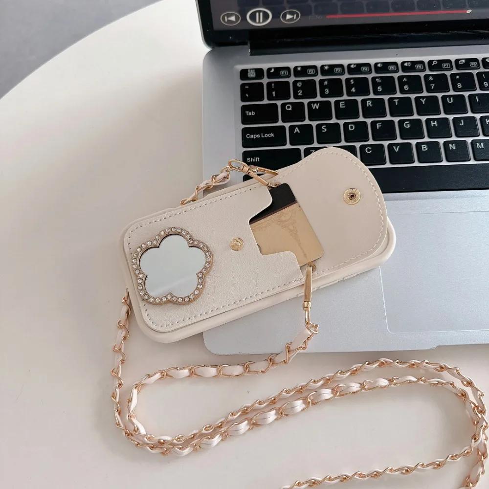 Umhängetasche Spiegel Geldbörse Kartenhalter Leder Handyhülle für IPhone 16 Pro Max 15 14 Plus 13 12 11 XS XR X 7 8 Schutzhülle