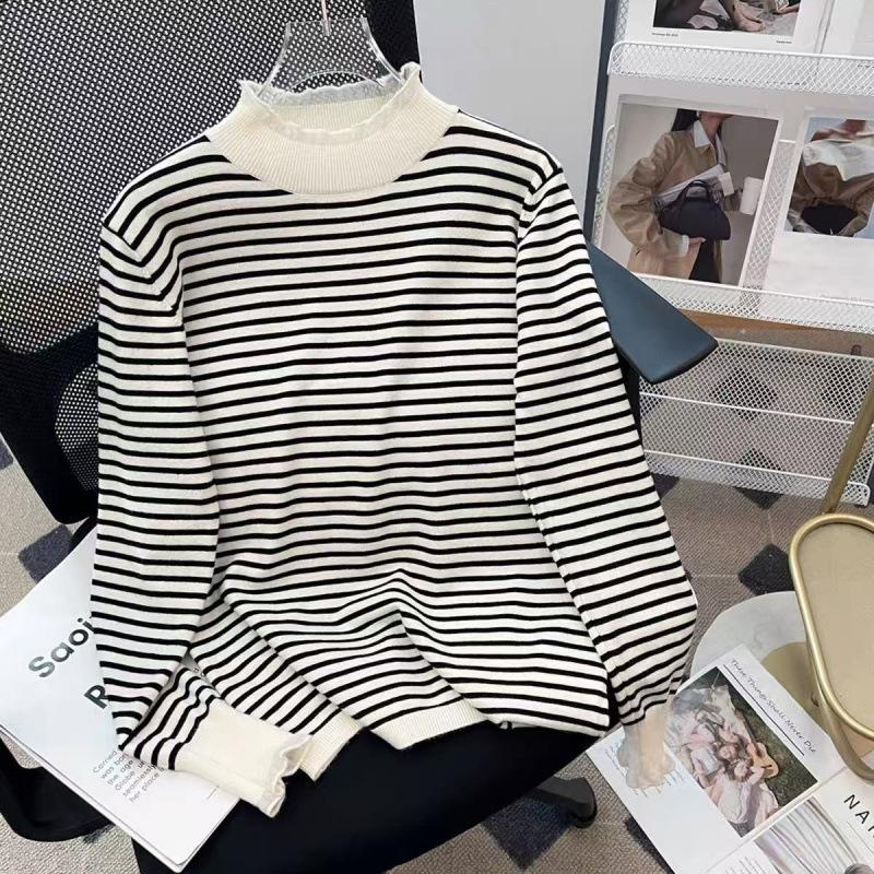 

Кружевной вязаный свитер с полувысоким воротником, новый женский пуловер с длинным рукавом, в полоску, облегающий топ, на осень и зиму One Size