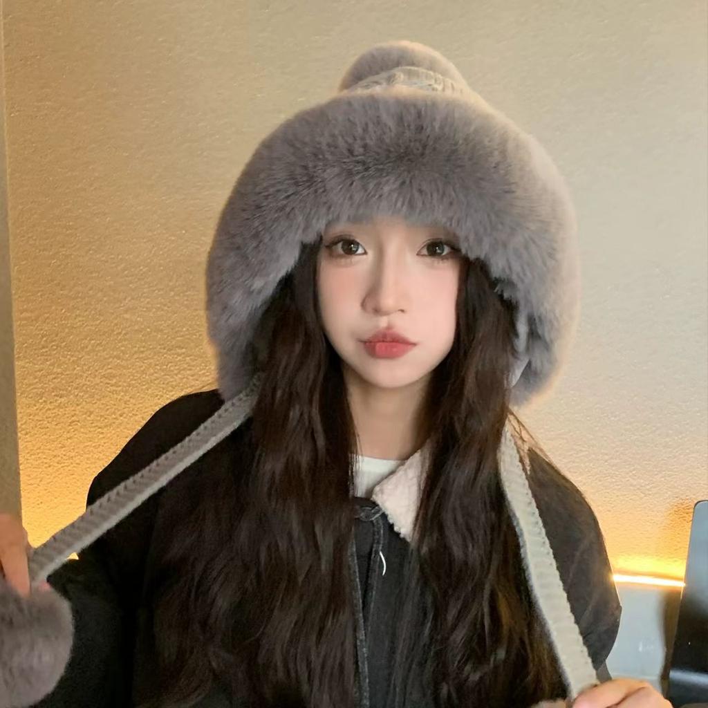 Plush Lei Feng Hat Women's Winter Plush Thickened Warm Ear Protection Riding Windproof and Cold-proof Wool Knitted Hat