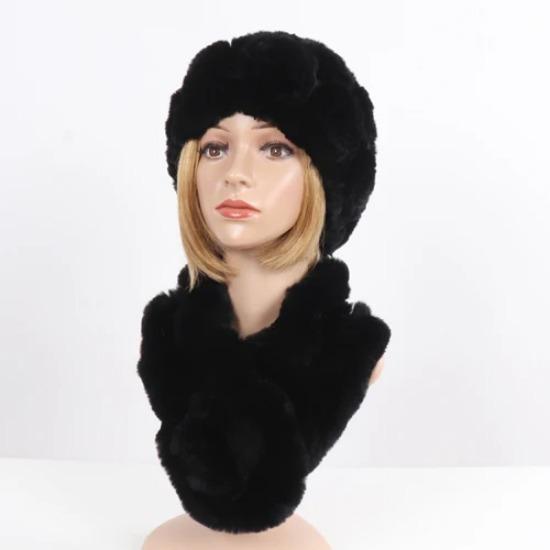 Нові Жіночі Зимові Хутряні Шапки Шарфи Набори Натуральні Теплі Справжні Шапки з Хутра Кролика Рекс Шарфи Леді В'язані Шапки з Натурального Хутра Шарф