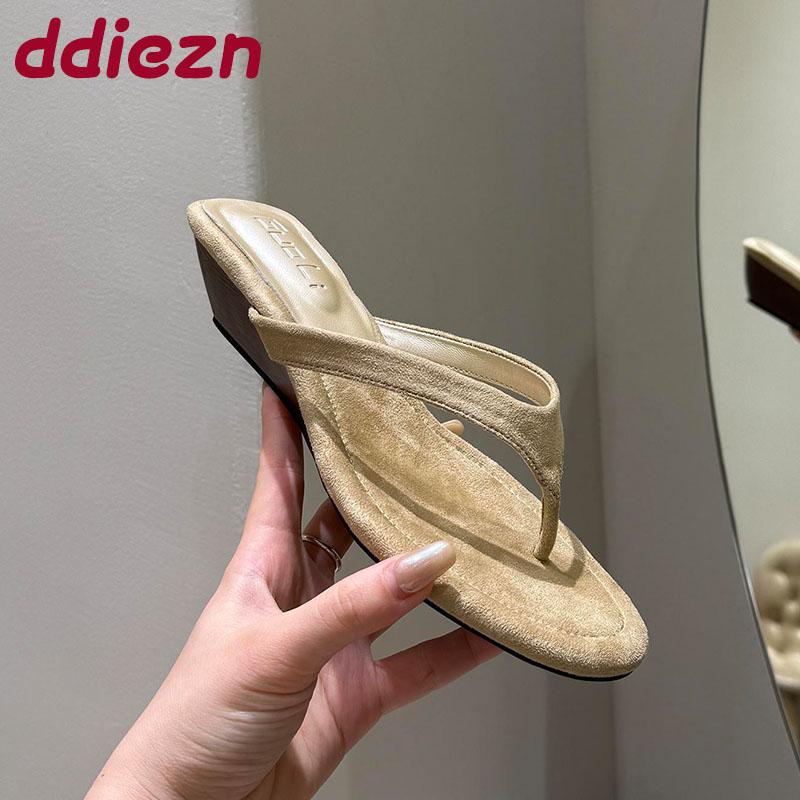 Fashion Fashion Flock Women Wedges Slippers Sandals Shoes Female Slides Spring Summer Round Toe Ladies Wedges Heeled Slippers Flip flops
