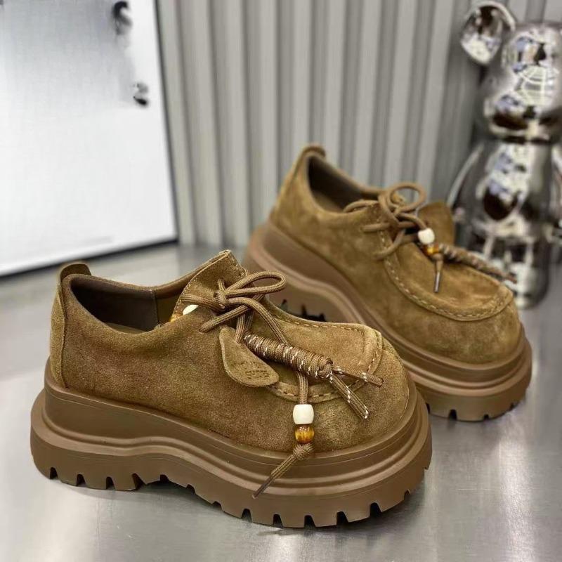 Fashion Platform Single Shoes Autumn New Suede Round Toe Lace-Up Front Non-Slip Wear-Resistant Mid-Heel Low-Top Shoes