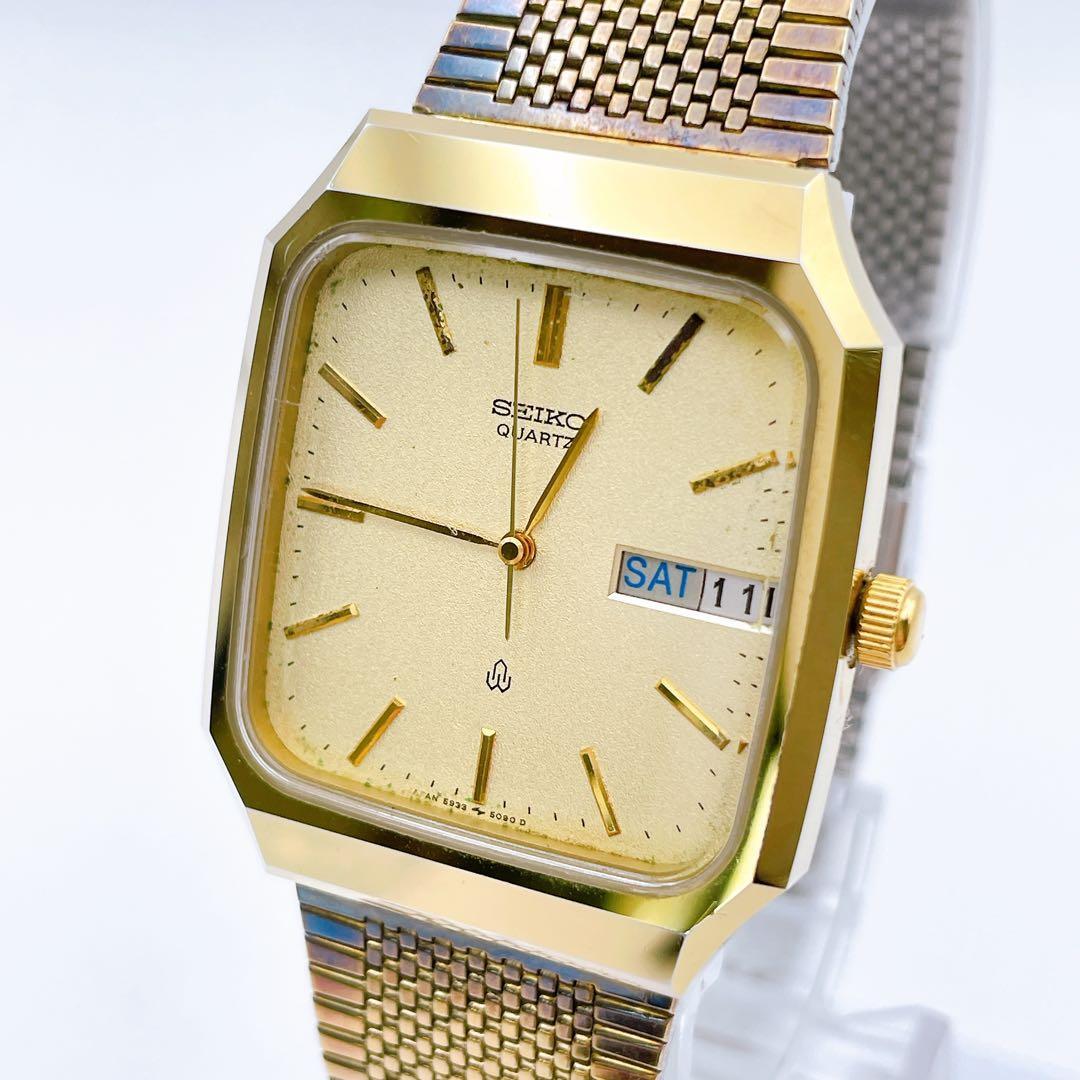 Used Working item Seiko watch gold dial quartz date display mesh belt
