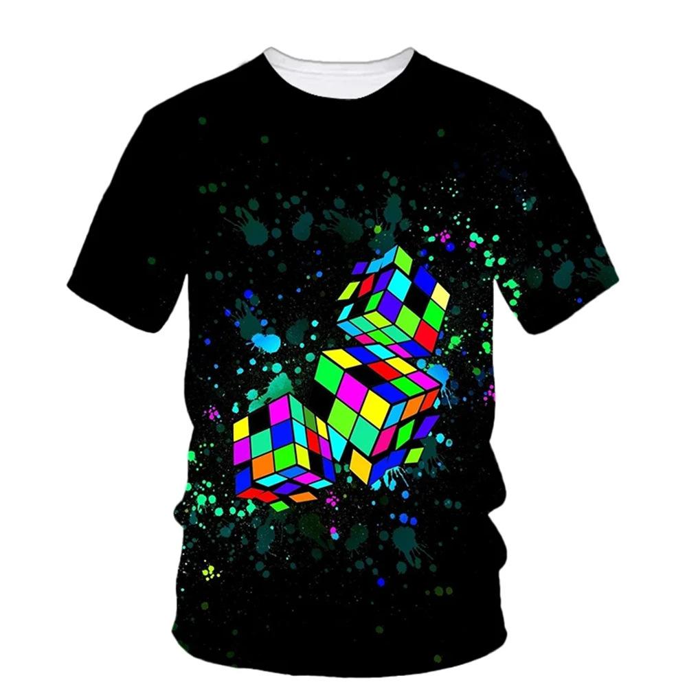 Sommar Rund Hals 3D Färgglad Rubiks Kub Tryckt Topp Trendig Casual Kortärmad Barn Pojk T-shirts