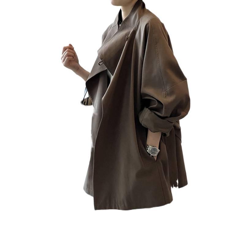 Women's British Style Retro Trench Coat with Stand-Up Collar - Tie Waist, Mid-Length, Petite Fit, Loose Outerwear for Spring & Autumn.