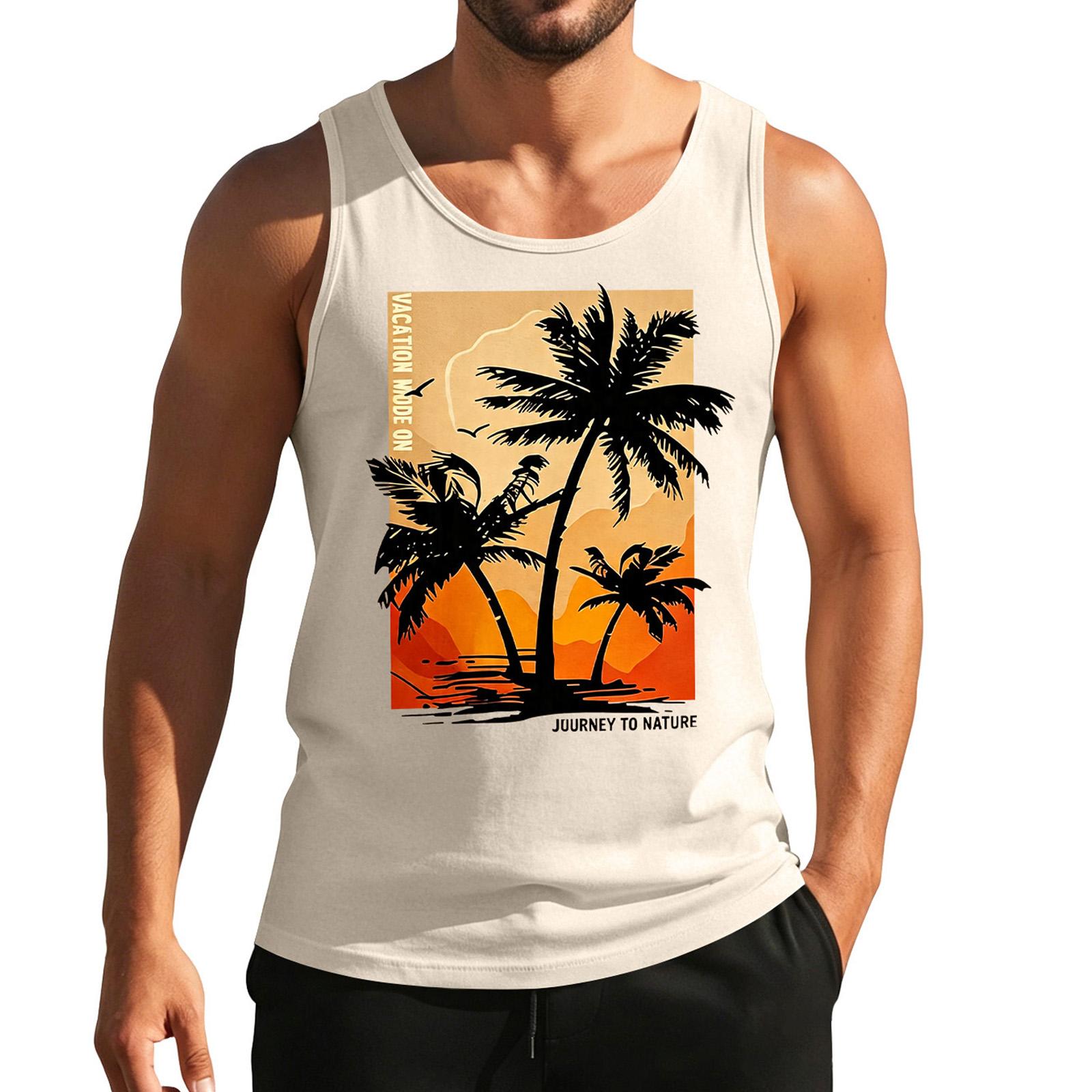 

Mens Sleeveless Tank Top with Tree and Graphic Print Lightweight Casual Summer Vest for Outdoor Activities Beachwear L бежевый