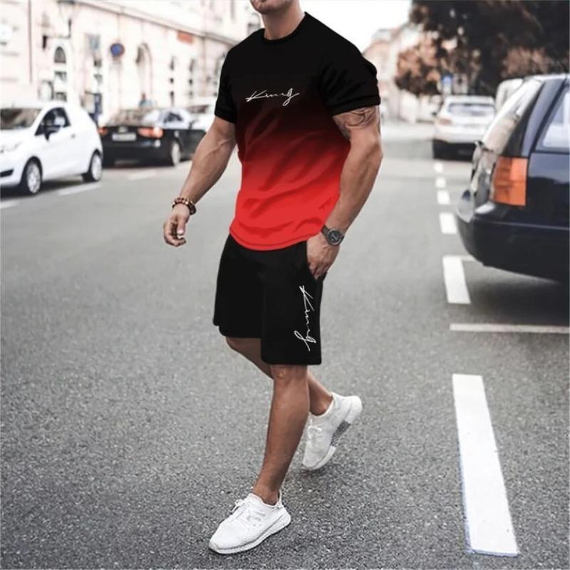 Men's 3D Printed Sports Two-Piece Set O-Neck T-Shirt Gradient Color Letter Print Casual Fitness Short Sleeve Tops Shorts