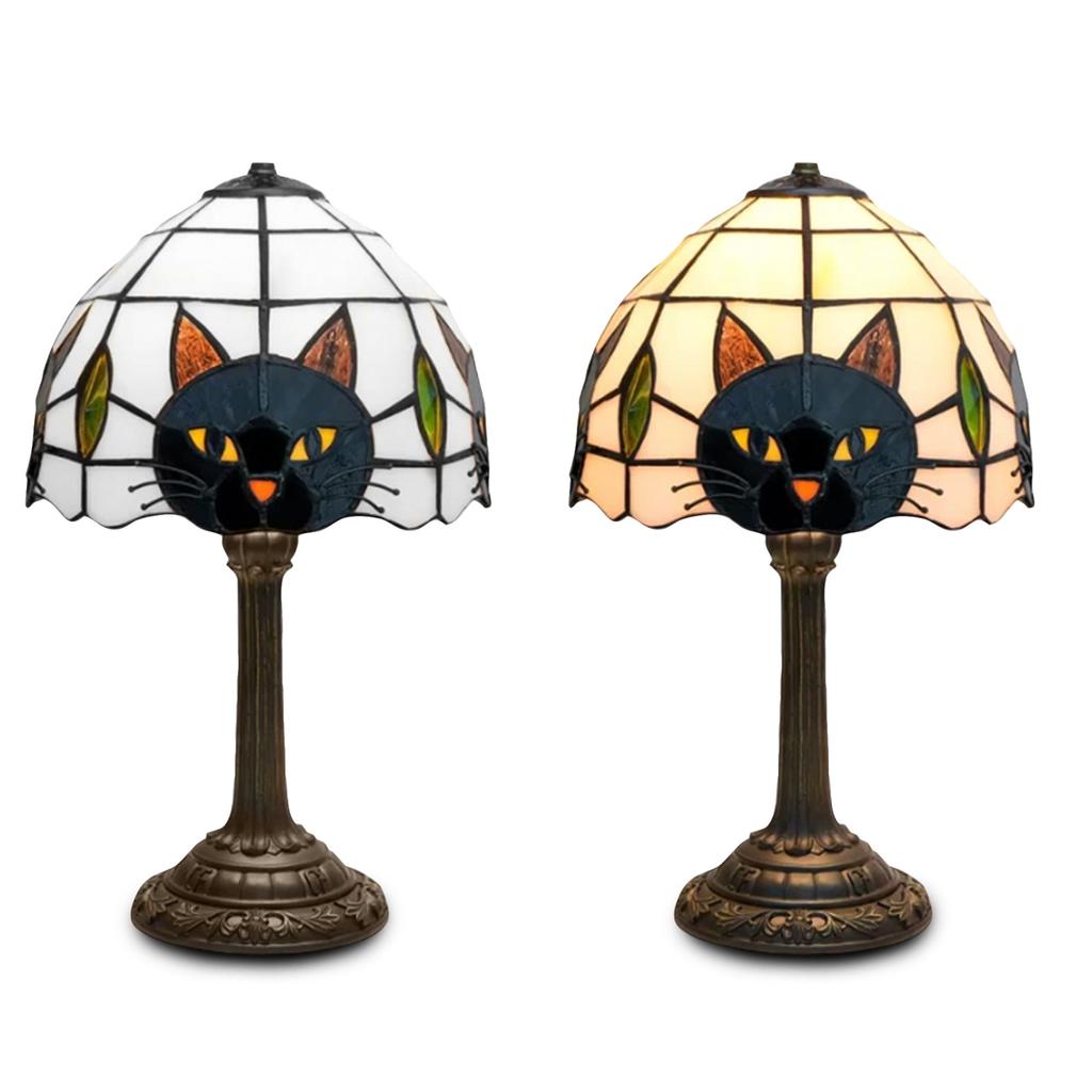 Resin Cat Table Lamp with Stained Glass Style Shade Vintage Decorative Lighting Fixture for Living Room Bedroom Office Study