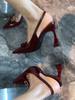 Burgundy Bow Buckle Rhinestone Sandals Women's Horseshoe Heel One-word Strap Sexy Celebrity High Heels