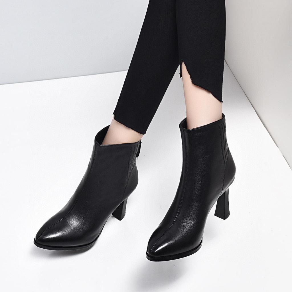 Pointed high-heeled women's boots autumn and winter new ankle boots first layer cowhide rear zipper leather boots women's fashion boots