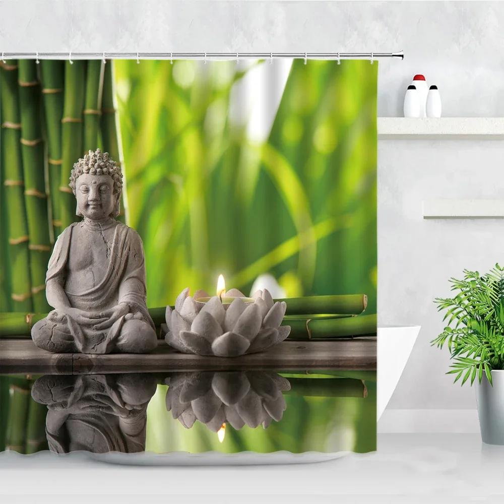 Zen Green Bamboo Shower Curtains Stone Buddha Lotus Candle Asian Japanese Spa Garden Scenery Bath Curtain Fabric Bathroom Decor