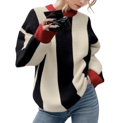 Women Knitted Sweater Crew Neck Pullover Jumpers Long Sleeve Stripe Knit Sweater Top Outerwear