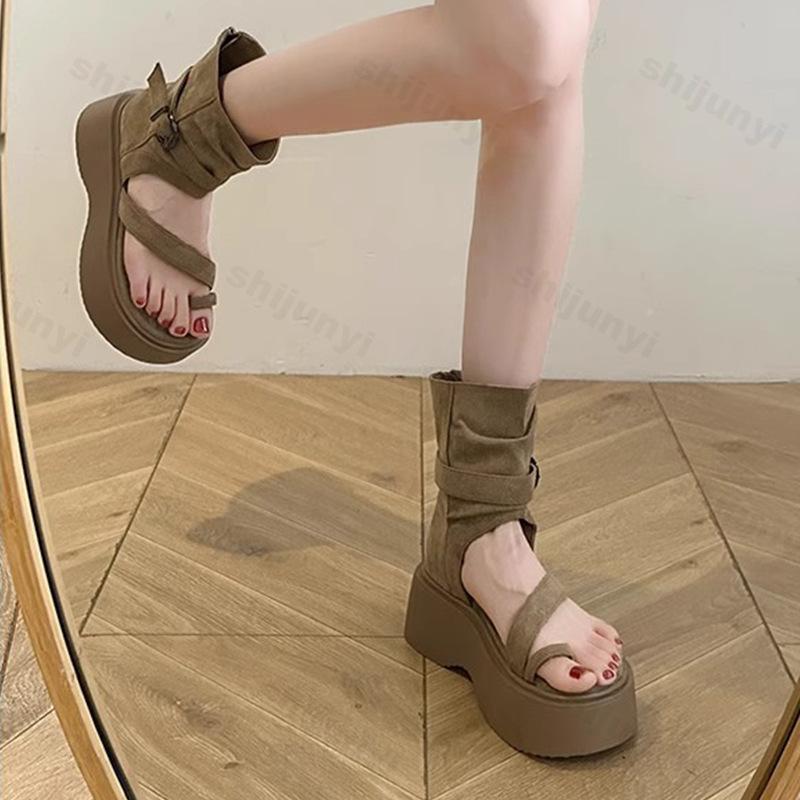 Vintage Platform Roman Summer Boots 2026 New Women's Fashion Buckle Strap High Help Sandals Height Increase Casual Short Boots