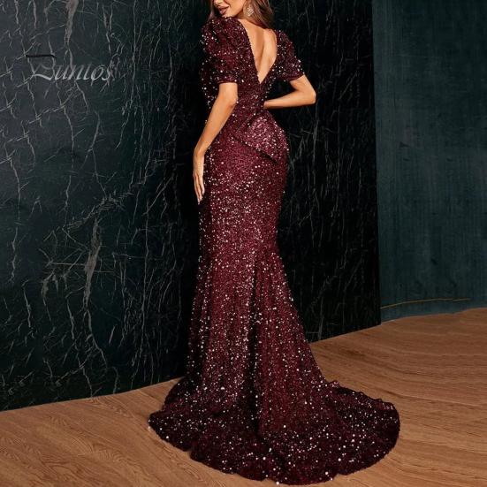 Women Evening Dress Shimmering Sequin Short Bubble Sleeves V Neck Slim Fit Floor Length Big Bow At Back Mid Waist Cocktail Party Wedding Banquet Maxi