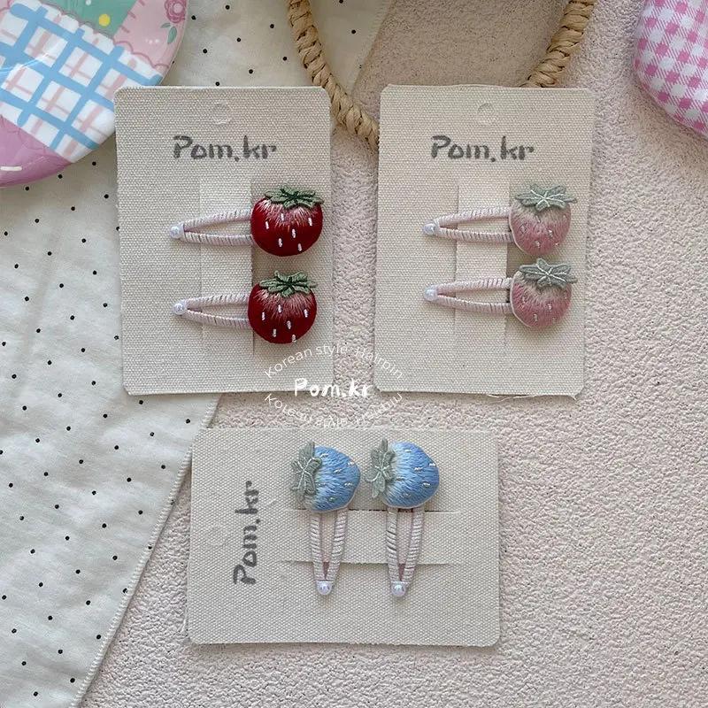 2pcs Retro Fashion Hair Clip for Kids Girl Kawaii Hair Pin Embroidery Sweet Strawberry Bang Side Clip Cute Hair Accessories