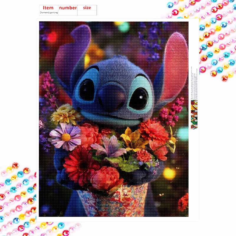Disney Stitch Flowers Diamond Painting Kit 5D DIY, Suitable for Beginners and Craft Lovers, Interior Space Decoration