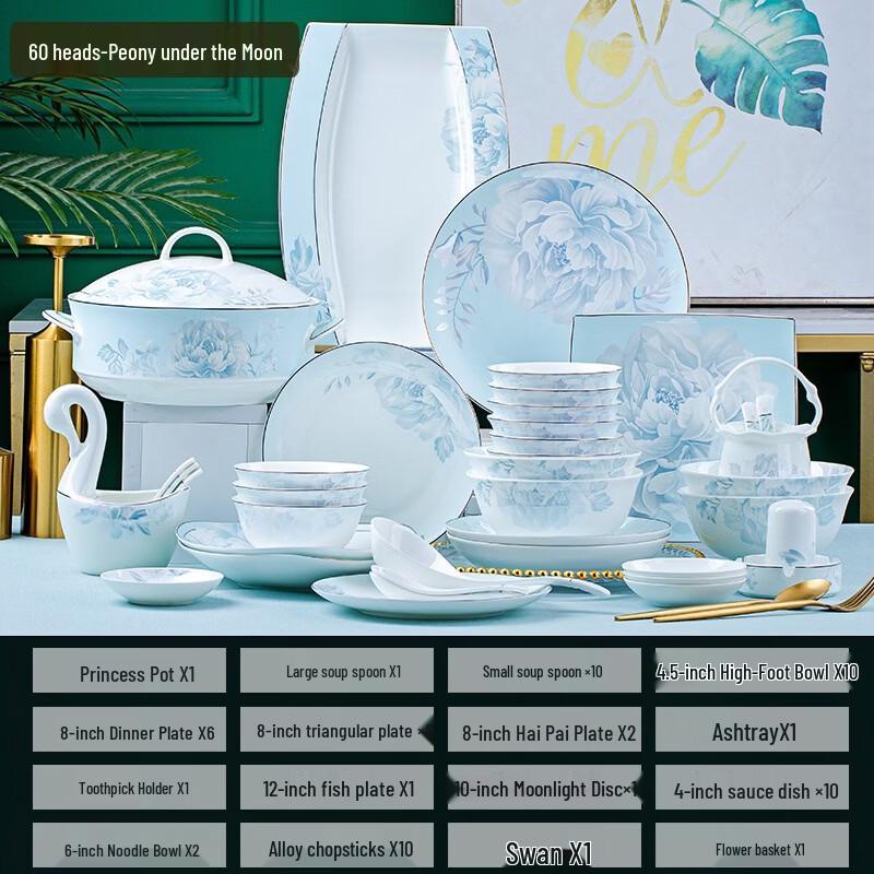Abay Moonlit Peony 60-Piece Bone China Dinnerware Set