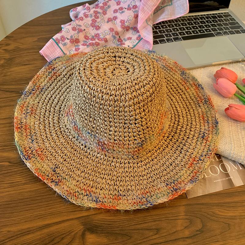 Hand-woven straw hat, color mixed thread, big brim, fashion sunscreen, straw hat, children's vacation style sun hat, summer
