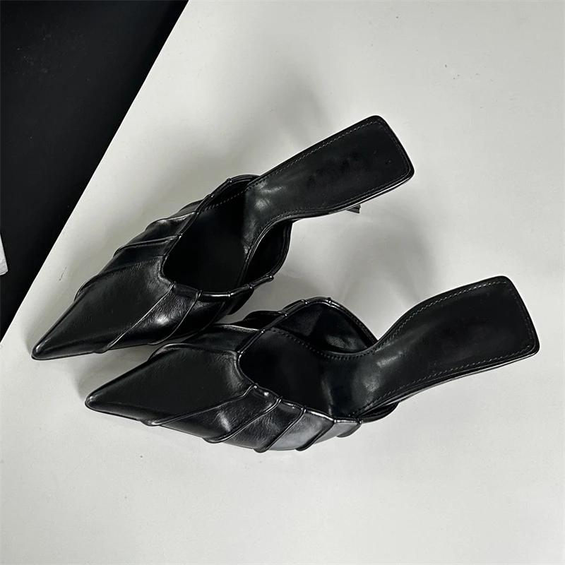 Eilyken Spring Elegant Pleated Women Slipper Sexy Pointed Toe Thin Low Heels Slingback Mules Shoes