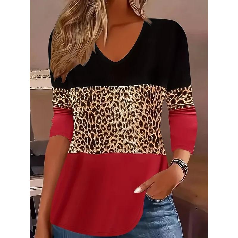 Spring and Autumn V-neck Leopard Color Block Pattern 3D Printed Top Fashionable Casual Long Sleeved Women's T-shirts
