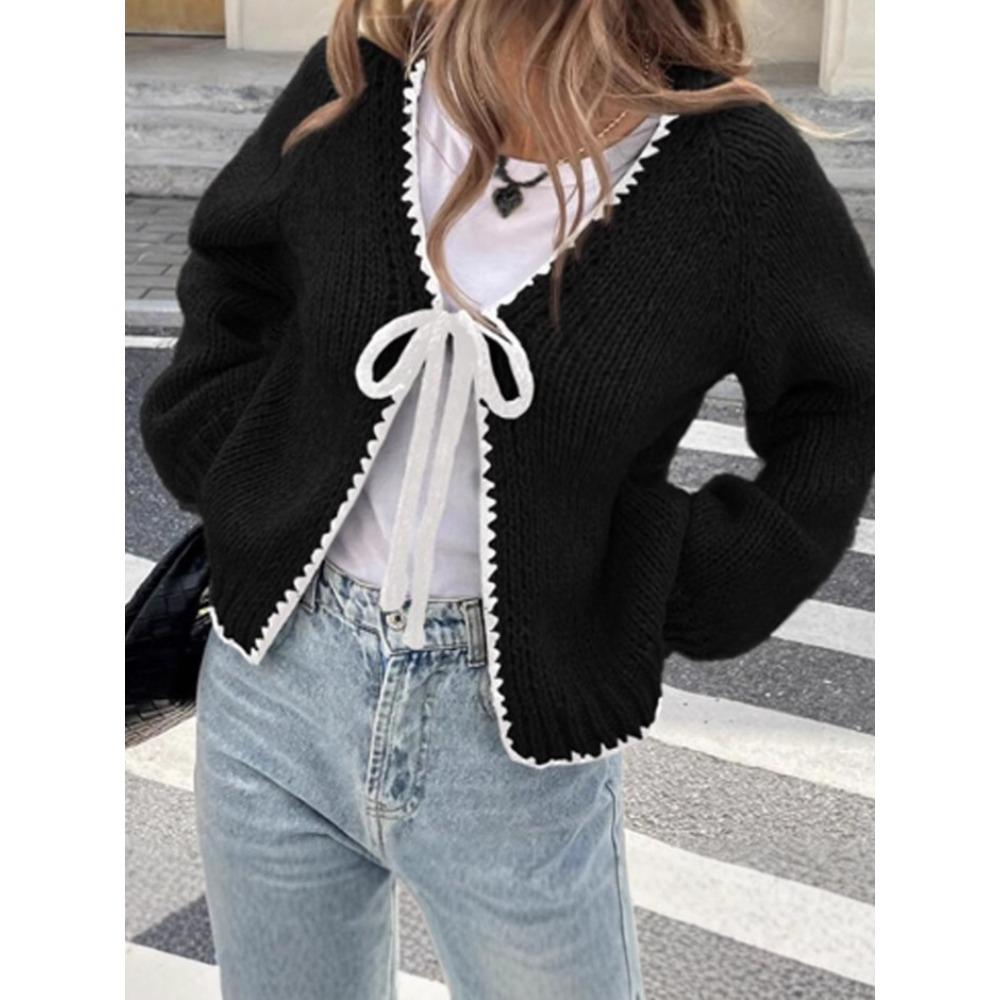 Women's V Neck Long Sleeve Knit Cardigan Regular Fit Elegant Bow Tie Front Solid Knit Cover Up Sweater