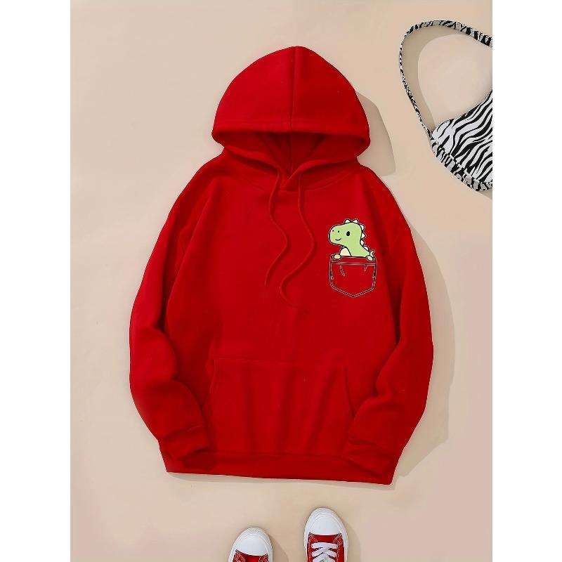 Herbst und Winter Süßes Kleines Dinosaurier Muster Aufgedruckte Hoodies Rundhals Langarm Lässige Damenbekleidung