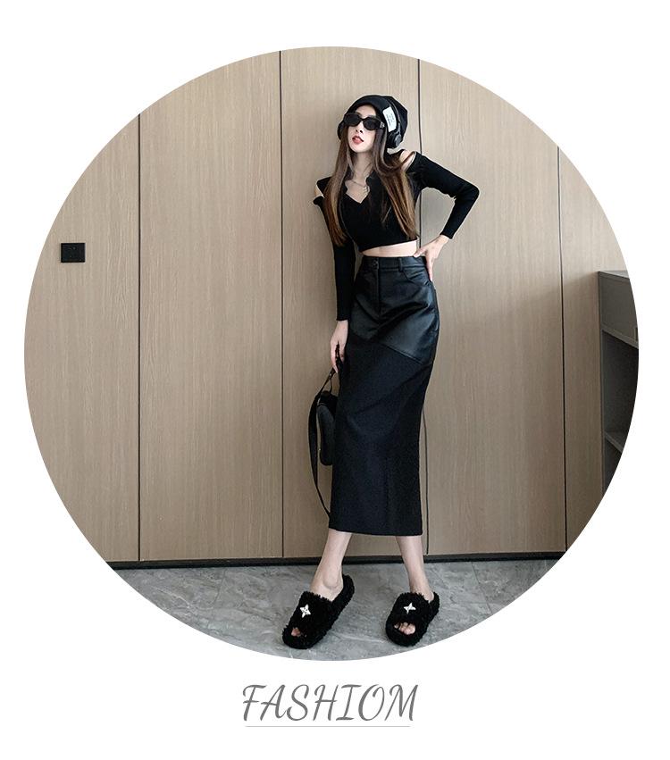 Women's Black PU Leather Midi Skirt: High-Waist, Hip-Hugging, Autumn/Winter 2025 Style.