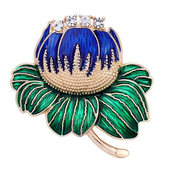 3D Flower Bud Design Brooch, Plant Suit Badge with Rhinestones Embellishment, Brooch Pin for Suits Scarves Accessories синий