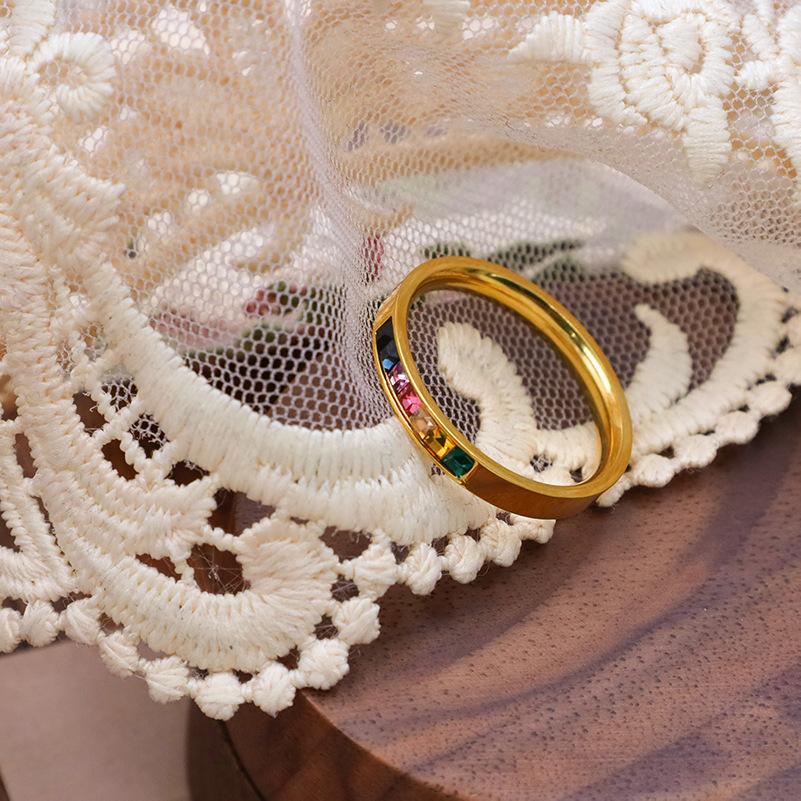 Micro-Set Colored Zircon Titanium Steel Ring 18K Gold Geometric Fashion Hipster Retro Popular Ring