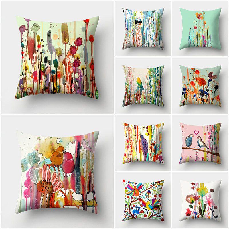 Stunning Bird Flower Pillow Case With Watercolor Design For Stylish Living Room Decor