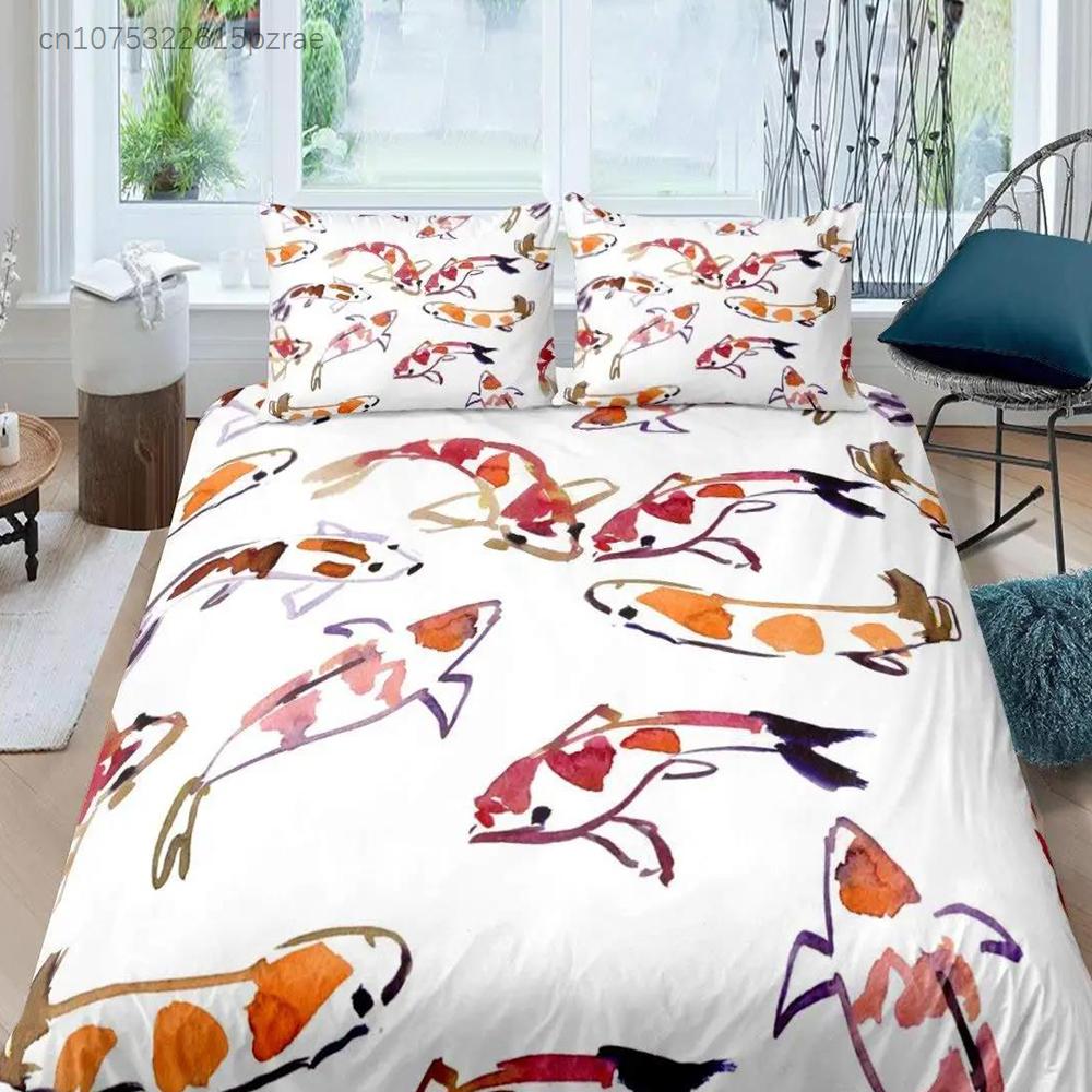 Japanese Goldfish Duvet Cover Set Fantasy Yin Yang Cherry Blossom Flowers Comforter Cover Set Blue Sea Wave Breathable Bedding