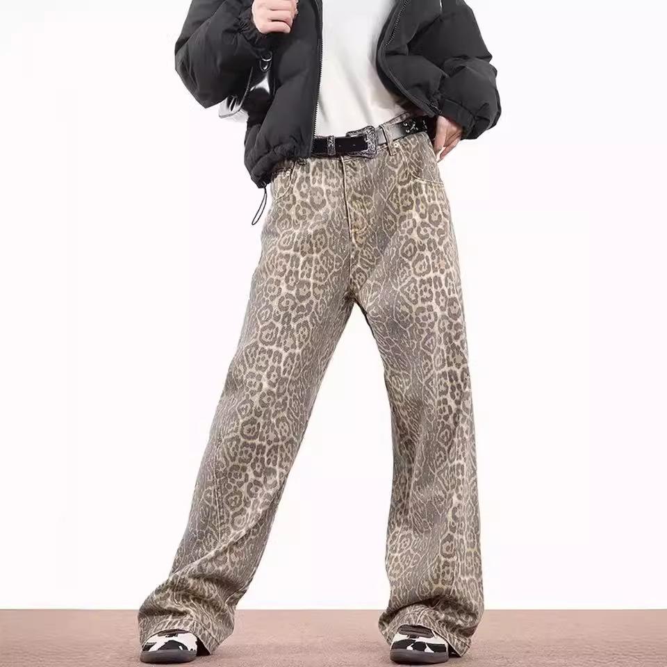 Retro Leopard Print Wide-leg Jeans for Women In Spring and Summer Design High Waist Slim Loose Straight Pants