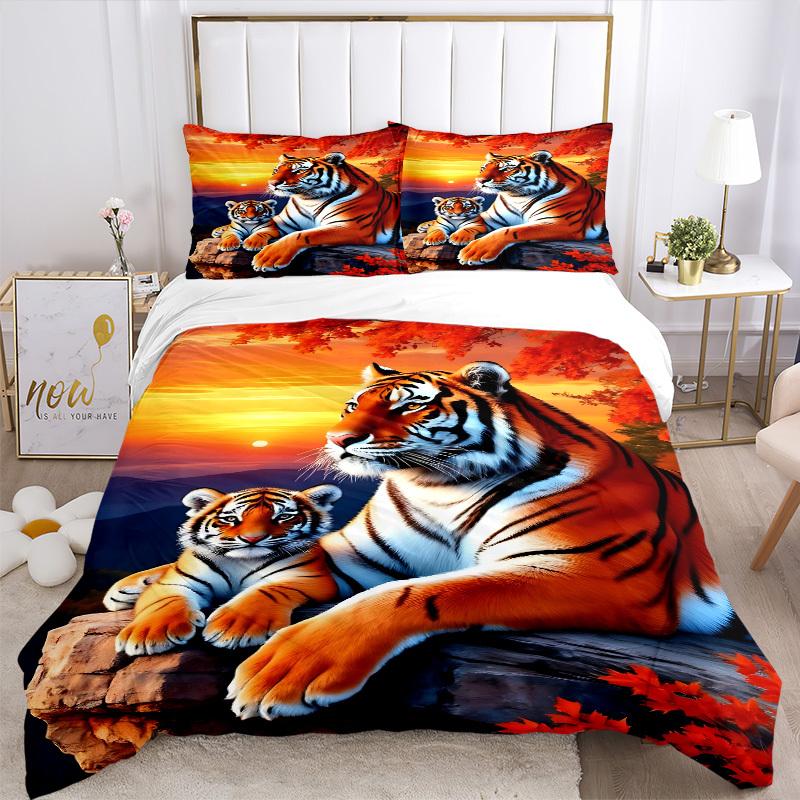 3pcs Tiger Print Bedding Set - 1 Duvet Cover + 2 Pillowcases(Core Not Included), Machine Washable Polyester, All-Season Comfort, Bedroom Dec